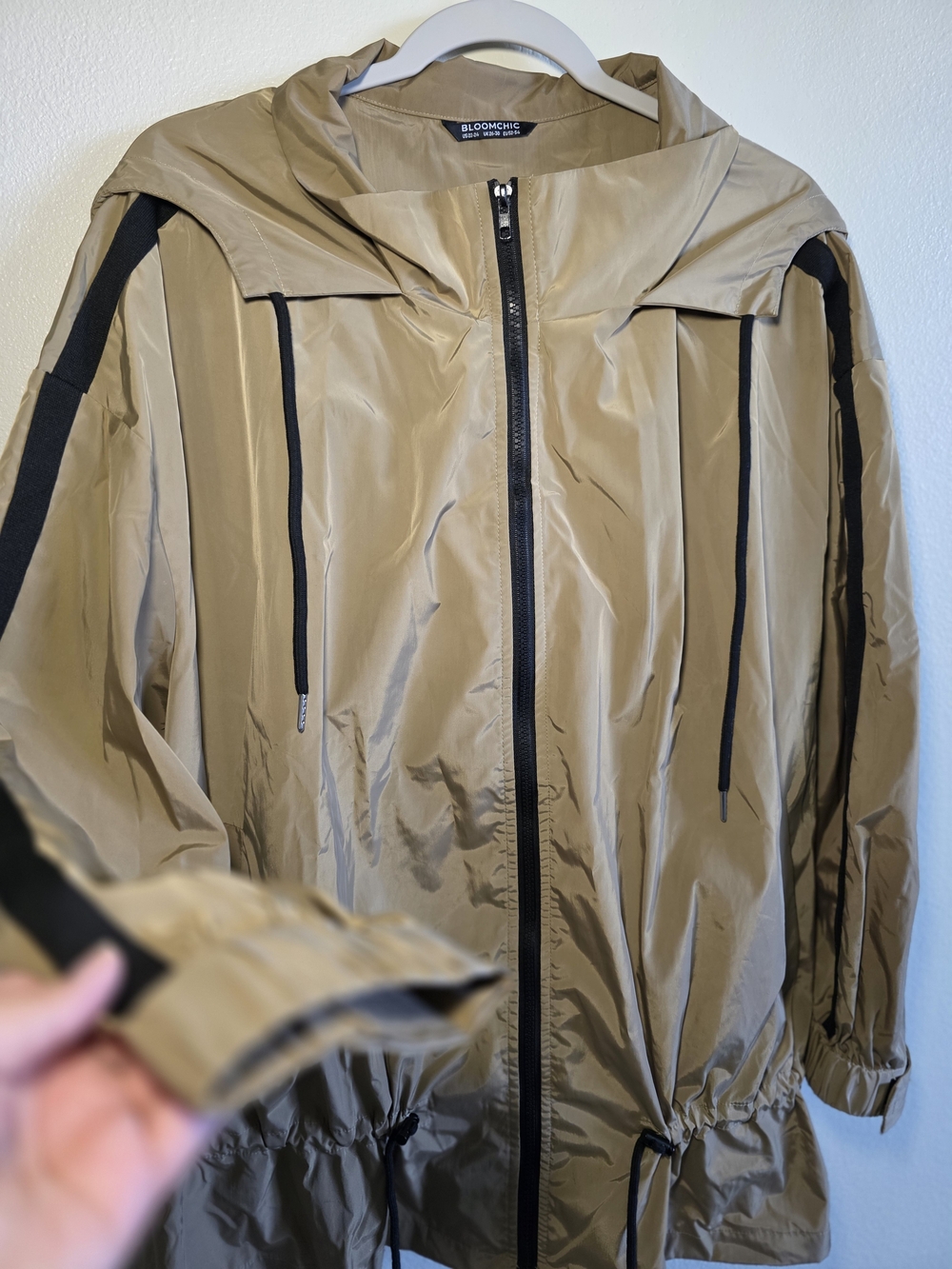 BloomChic Tan Hooded Windbreaker with Black Trim